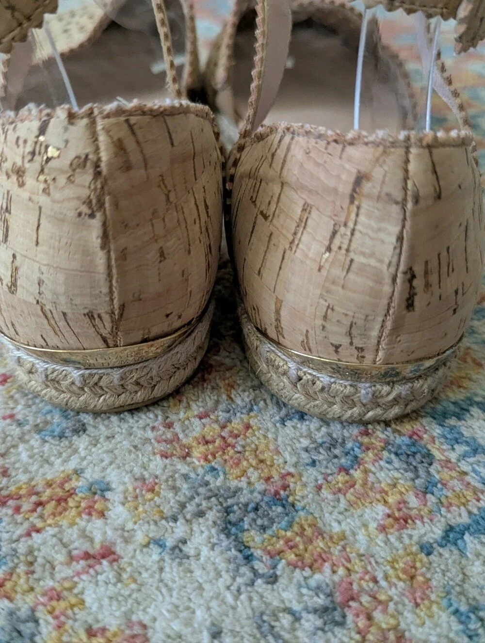 Stuart Weitzman Womens 9.5 M Ozarks Gold Fleck Cork Espadrille Flats Ankle Strap